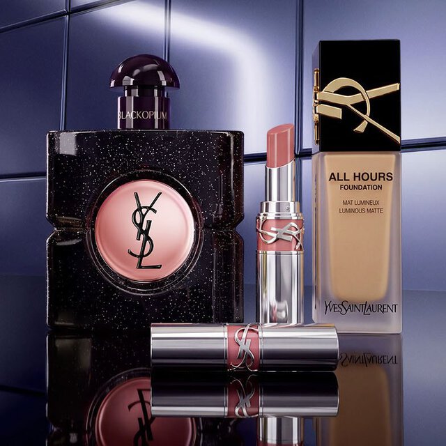 Parfum YSL Black Opium, rouge a levres et fond de teint All Hours