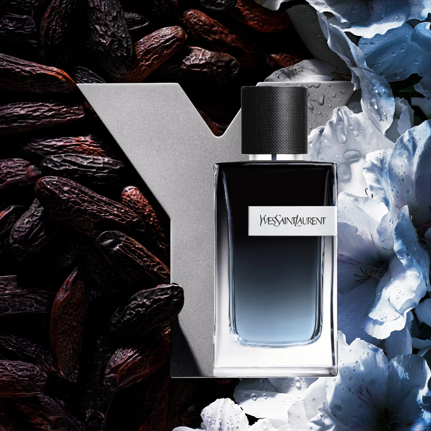 A bottle of Yves Saint Laurent Y fragrance is displayed against a textured background of dark cocoa pods and white flowers, highlighting the contrast between the bottle's sleek design and the natural elements.