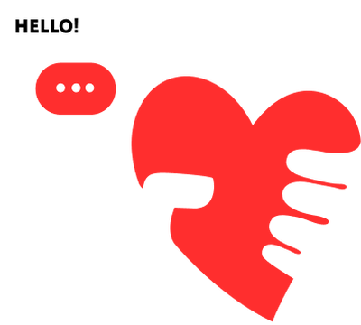 Icone de coeur rouge serree par une main sombre avec des bulles « HELLO! » et « ... ».