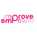 Logo rose "improve empower" avec des lignes geometriques abstraites traversant les lettres, dans un cercle blanc.