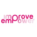 Logo rose "improve empower" avec des lignes geometriques abstraites traversant les lettres, dans un cercle blanc.