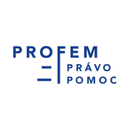 Logo "PROFEM PRAVO POMOC" en lettres bleues stylisees avec une ligne verticale et deux horizontales, dans un cercle blanc.