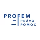 Logo "PROFEM PRAVO POMOC" en lettres bleues stylisees avec une ligne verticale et deux horizontales, dans un cercle blanc.