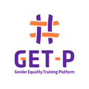 Logo "#GET-P Gender Equality Training Platform" avec un hashtag stylise violet et orange au-dessus du texte, dans un cercle blanc.