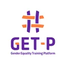Logo "#GET-P Gender Equality Training Platform" avec un hashtag stylise violet et orange au-dessus du texte, dans un cercle blanc.