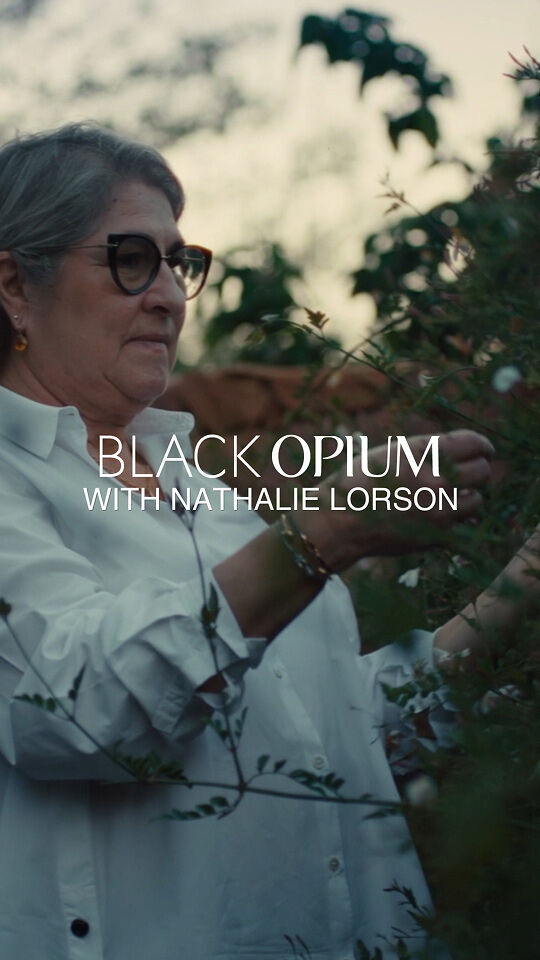 Une femme aux cheveux gris et aux lunettes, vetue d'une chemise blanche, s'occupe d'un buisson vert luxuriant avec de petites fleurs blanches. Elle se tient dans ce qui semble etre un jardin, avec un mur de pierre en arriere-plan. L'eclairage est doux et legerement tamise, suggerant une soiree. Les mots "BLACK OPIUM" et "WITH NATHALIE LORSON" sont superposes a l'image en texte blanc.