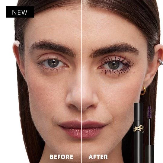 Comparaison avant/apres montrant des cils naturels a gauche et des cils longs et volumineux avec mascara noir a droite.