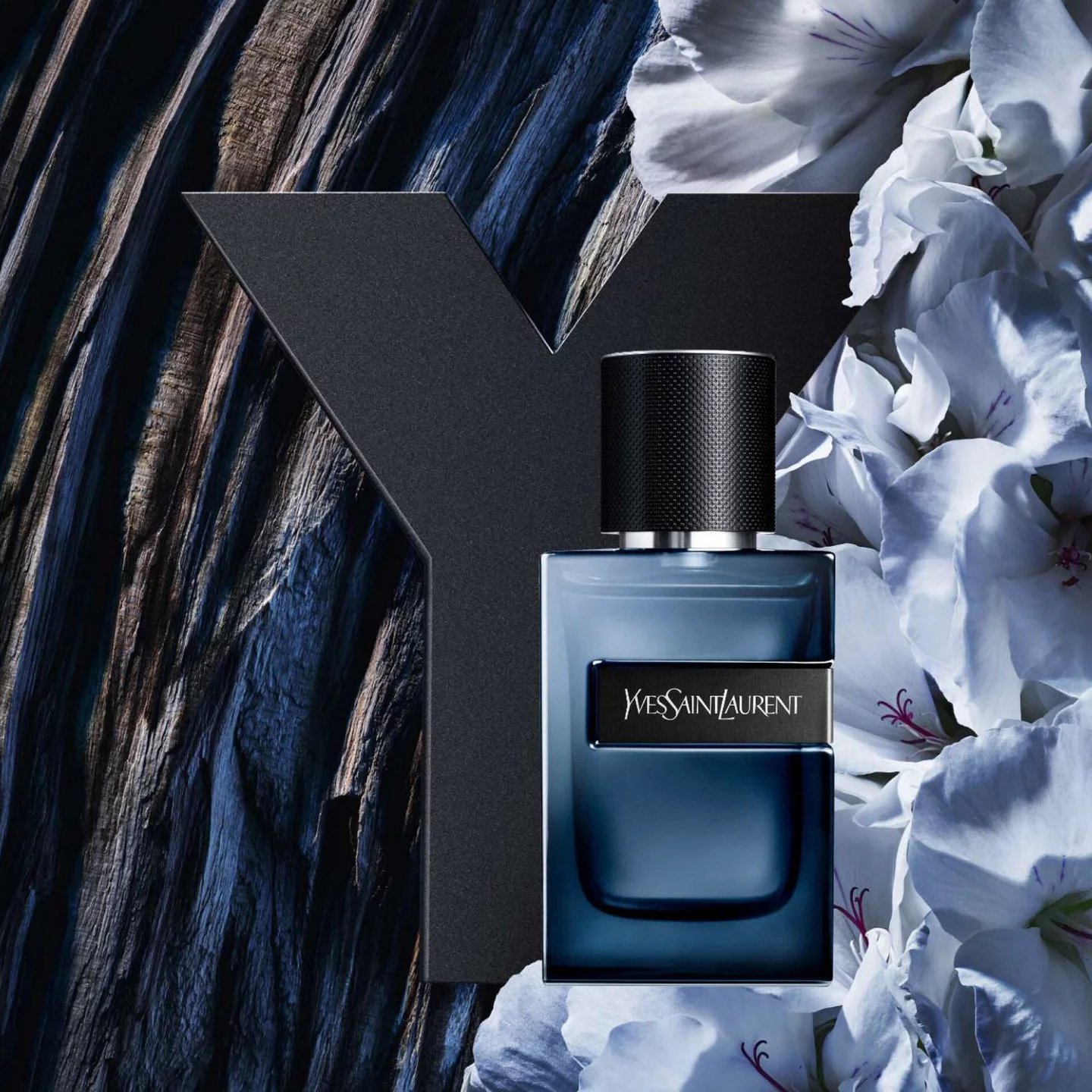 A sleek bottle of Yves Saint Laurent Y perfume is prominently displayed against a dark, textured background. Surrounding the bottle are white flowers, adding a touch of elegance to the composition.