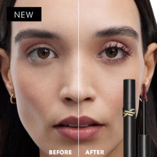 Comparaison avant/apres montrant des cils naturels a gauche et des cils volumises avec un mascara bordeaux a droite.