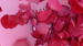 A glass perfume bottle surrounded by a cascade of vibrant red rose petals against a soft pink background.