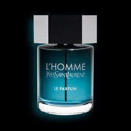 A bottle of L'Homme Yves Saint Laurent Le Parfum, featuring a sleek design with a dark blue liquid and a black cap, against a black background.