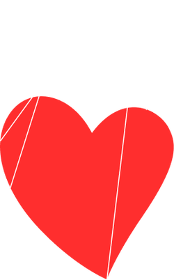Marionnette en forme de coeur rouge suspendue par des fils blancs sur fond blanc.