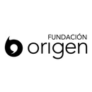 Logo noir et blanc "Fundacion Origen" avec un symbole abstrait en forme de goutte d'eau stylisee, dans un cercle blanc.