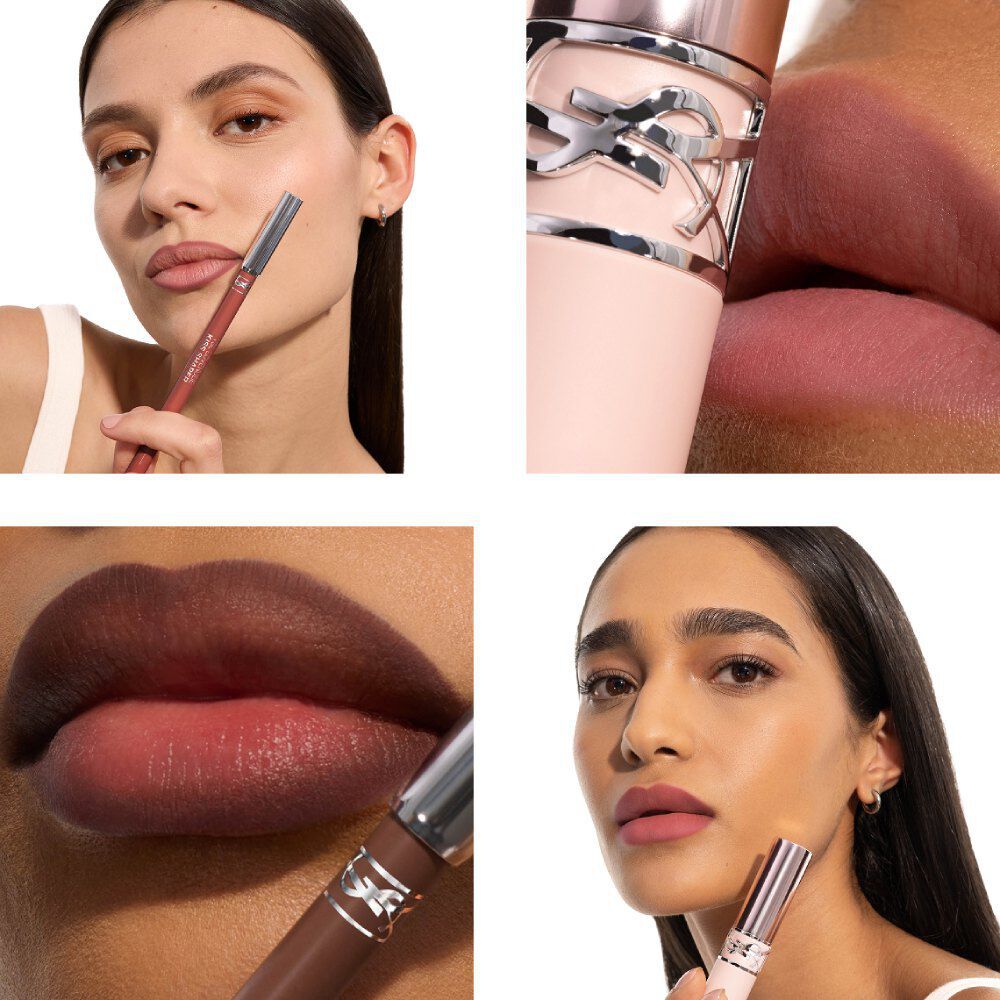 Collage d’un crayon a levres et d’un lip blusher YSL, avec gros plans de levres nude rosees et d’un tube rose pale.