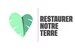 Un coeur stylise forme de deux feuilles vertes claires et le message gris "REWILD OUR EARTH", separes par une ligne, sur un fond blanc.