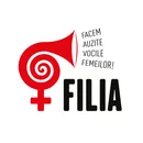 Logo "FILIA FACEM AUZITE VOCILE FEMEILOR!" avec un symbole feminin stylise rouge et un megaphone, dans un cercle blanc.