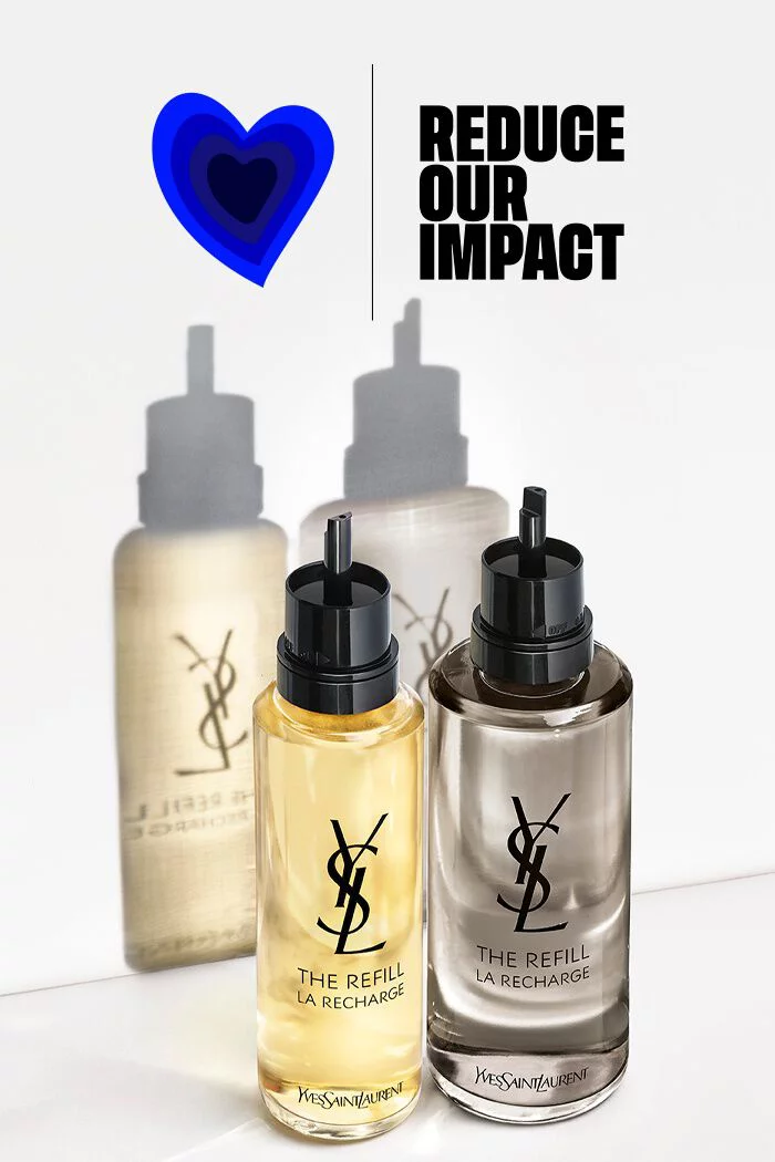 Une image de deux flacons de parfum YSL, l'un transparent et l'autre fonce, accompagnes du texte « REDUCE OUR IMPACT » sur fond clair.