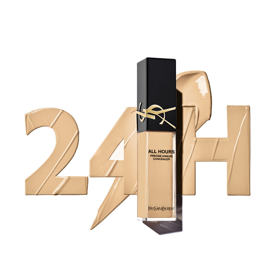 A bottle of Yves Saint Laurent All Hours Concealer is displayed against a backdrop of the numbers "24H," with a swatch of foundation next to it.