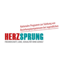 Logo "HERZSPRUNG FREUNDSCHAFT, LIEBE, SEXUALITAT OHNE GEWALT" avec un texte rouge et turquoise, et "Nationales Programm zur Starkung von Beziehungskompetenzen bei Jugendlichen".