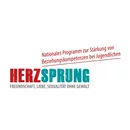 Logo "HERZSPRUNG FREUNDSCHAFT, LIEBE, SEXUALITAT OHNE GEWALT" avec un texte rouge et turquoise, et "Nationales Programm zur Starkung von Beziehungskompetenzen bei Jugendlichen".