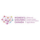 Logo "WOMEN'S SHELTERS CANADA" avec un coeur forme de maisons colorees interconnectees et le slogan "United to End Violence Against Women", dans un cercle blanc.