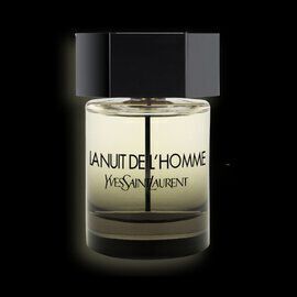 A bottle of "La Nuit de L'Homme" perfume by Yves Saint Laurent, featuring a sleek design with a black cap and a dark, minimalist background.