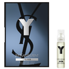 A sleek visual featuring a large "YSL" logo on a gradient blue background, accompanied by a small bottle of Yves Saint Laurent's Y Elixir perfume spray.