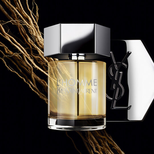 A sleek bottle of L'Homme Yves Saint Laurent perfume, featuring a shiny silver cap and a transparent body that showcases the golden liquid inside, set against a black background with twisted roots.