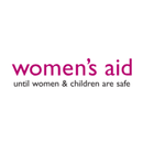 Logo "women's aid until women & children are safe" en lettres magenta et grises, dans un cercle blanc.