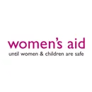 Logo "women's aid until women & children are safe" en lettres magenta et grises, dans un cercle blanc.