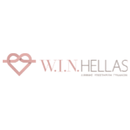 Logo "W.I.N. HELLAS" avec un symbole d'infini rose clair et un coeur, dans un cercle blanc.