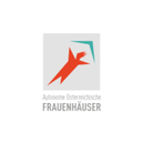 Logo "Autonome Osterreichische FRAUENHAUSER" avec un motif abstrait d'une personne rouge stylisee avec une forme bleue en arriere-plan, dans un cercle blanc.