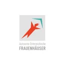 Logo "Autonome Osterreichische FRAUENHAUSER" avec un motif abstrait d'une personne rouge stylisee avec une forme bleue en arriere-plan, dans un cercle blanc.