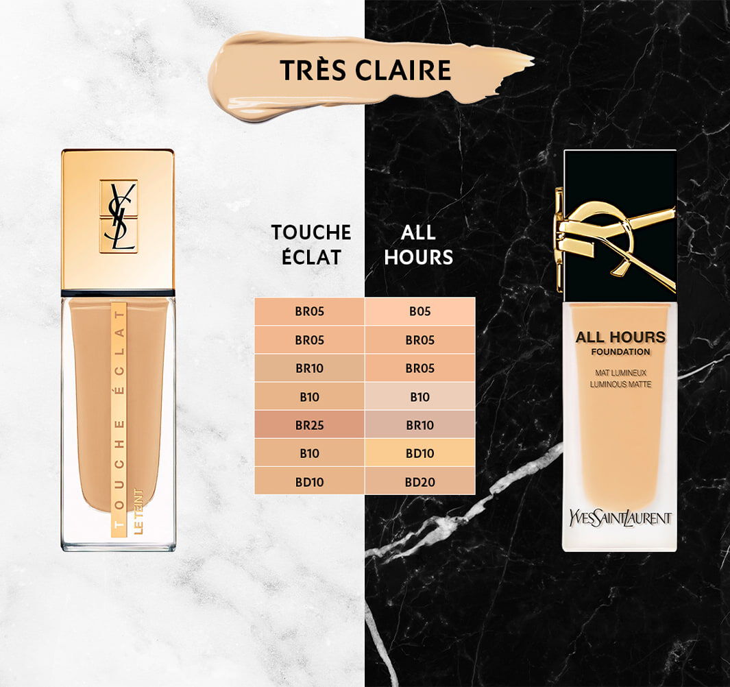 Image presentant des fonds de teint de YSL sur un fond en marbre. A gauche, le produit "Touche Eclat" et a droite, "All Hours", avec une palette de teintes allant de tres claire a foncee.