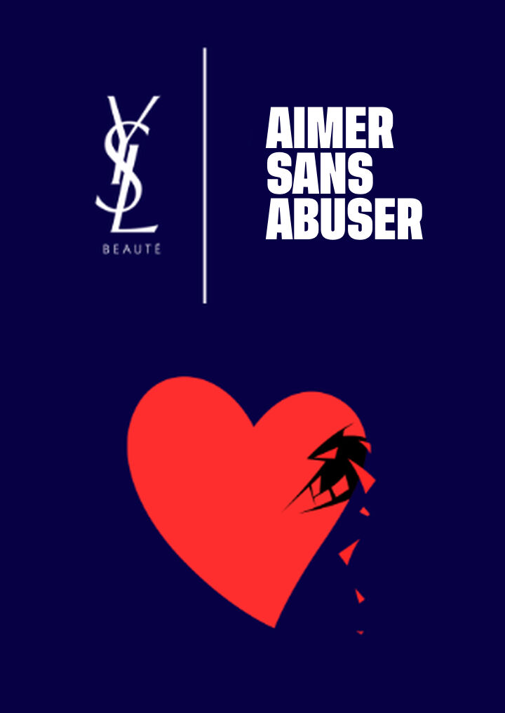 Image coloree representant un coeur rouge avec un design moderne sur fond bleu, accompagne du texte "AIMER SANS ABUSER" et du logo YSL Beaute.