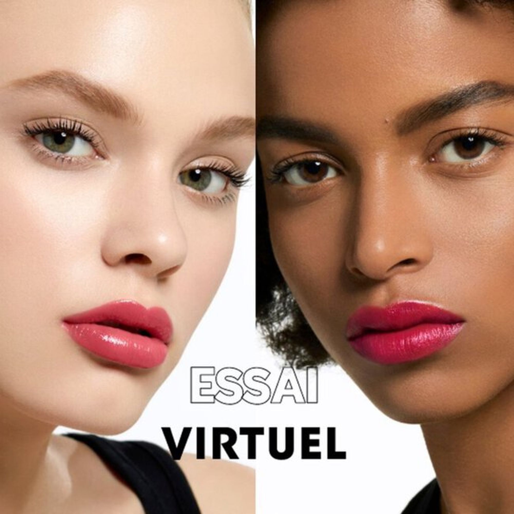 A close-up of a woman's lips, one side with a nude lipstick and the other side with a bright pink lipstick. The text "VIRTUAL TRY ON" is displayed in the corner.