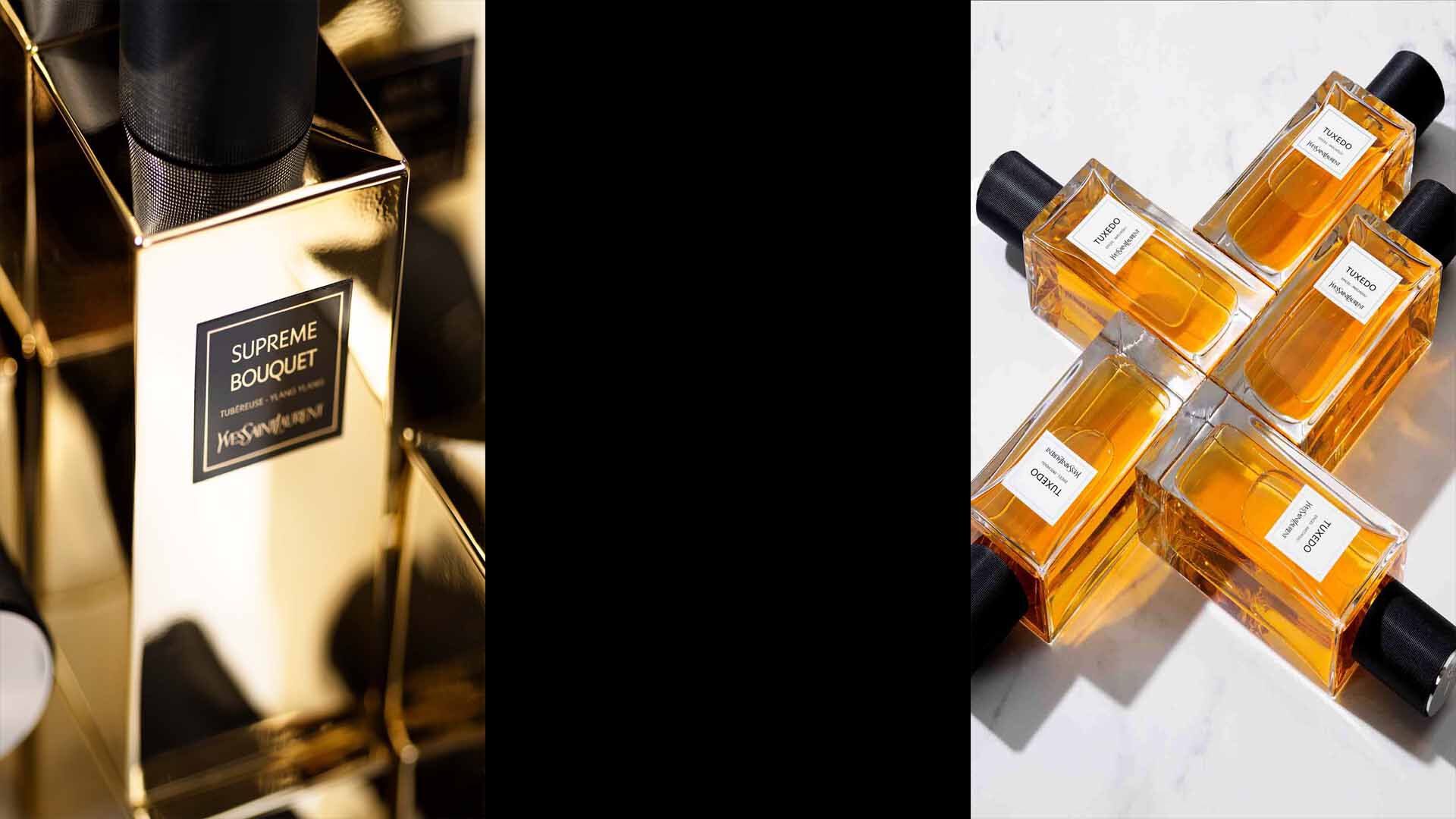 Une composition de flacons de parfum, dont l'un est en or brillant, portant l'etiquette "SUPREME BOUQUET" de Yves Saint Laurent.