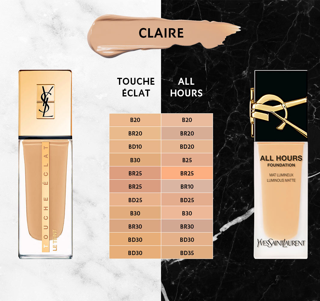Texte alternatif : Image presentant le fond de teint "Touche Eclat" et "All Hours" de Yves Saint Laurent, avec une teinte claire et une palette de nuances allant de B10 a B70.