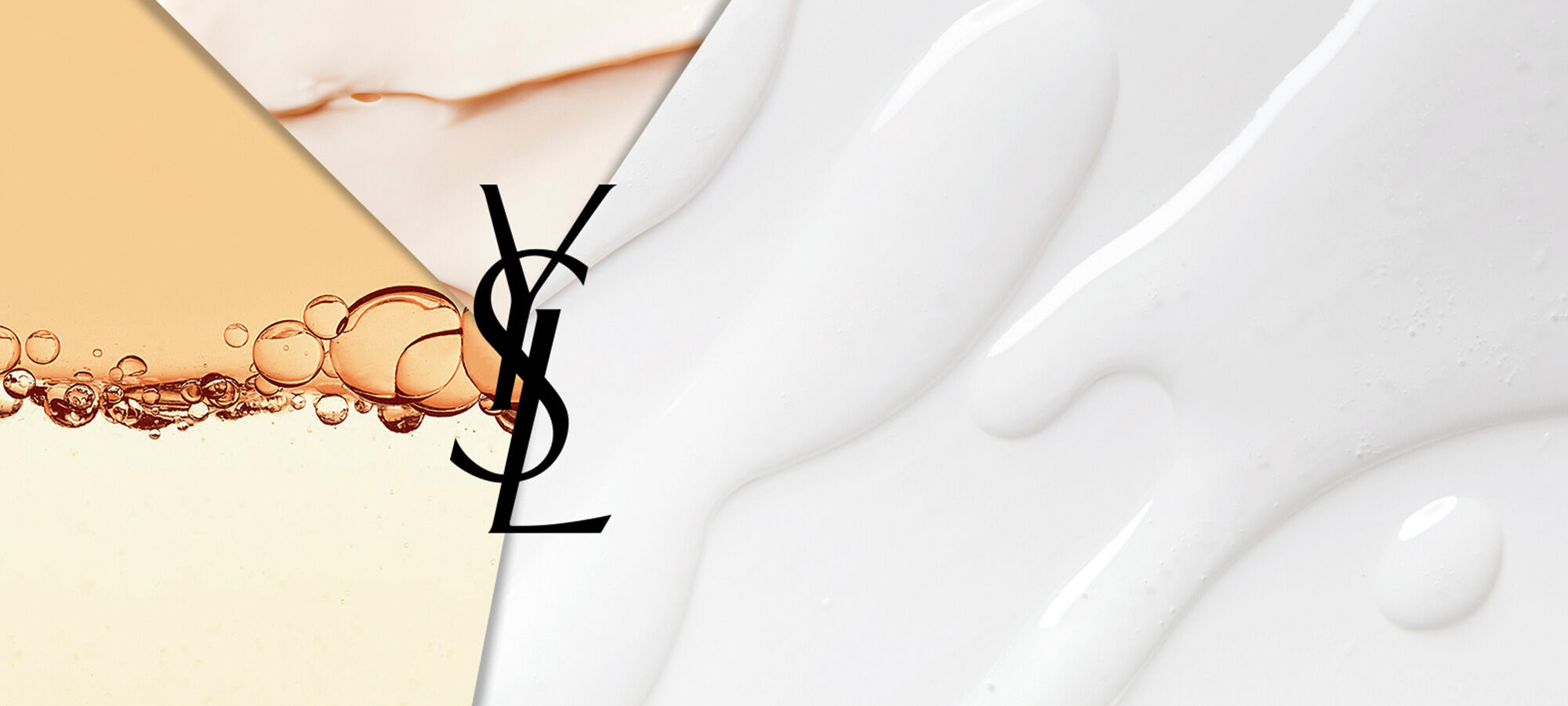 Abstract image featuring a split design with three textures: a peach liquid with bubbles, a creamy white substance, and a smooth surface. The iconic YSL logo is centered within the composition.