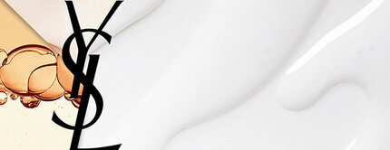 Logo de Yves Saint Laurent a gauche, accompagne d'une texture de liquide brun clair avec des bulles et d'une texture blanche lisse a droite.