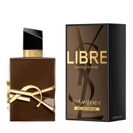 Libre Santal Couture bottle with his packagingin glazed brown with oversized golden YSL Cassandre 