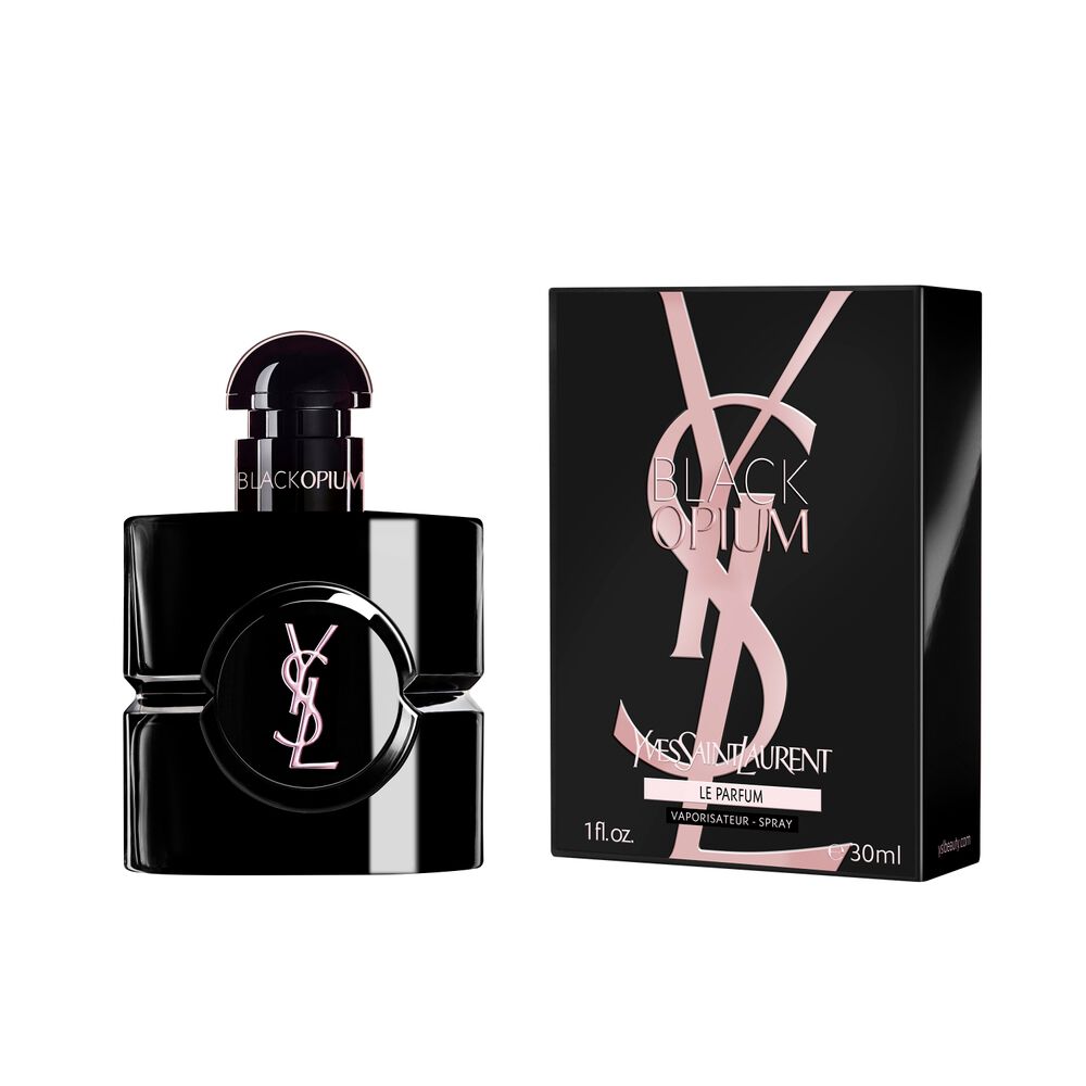Flacon Black Opium Le Parfum aux cotes de son etui noir orne de la Cassandre YSL rose.