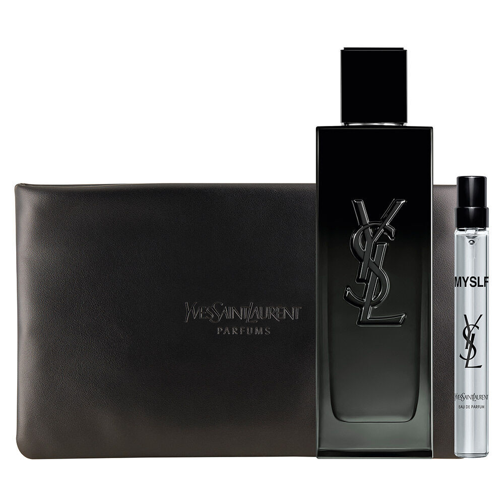 MYSLF Eau de Parfum Coffret Fetes avec flacon de parfum, format voyage et pochette couture dans un ecrin YSL.
