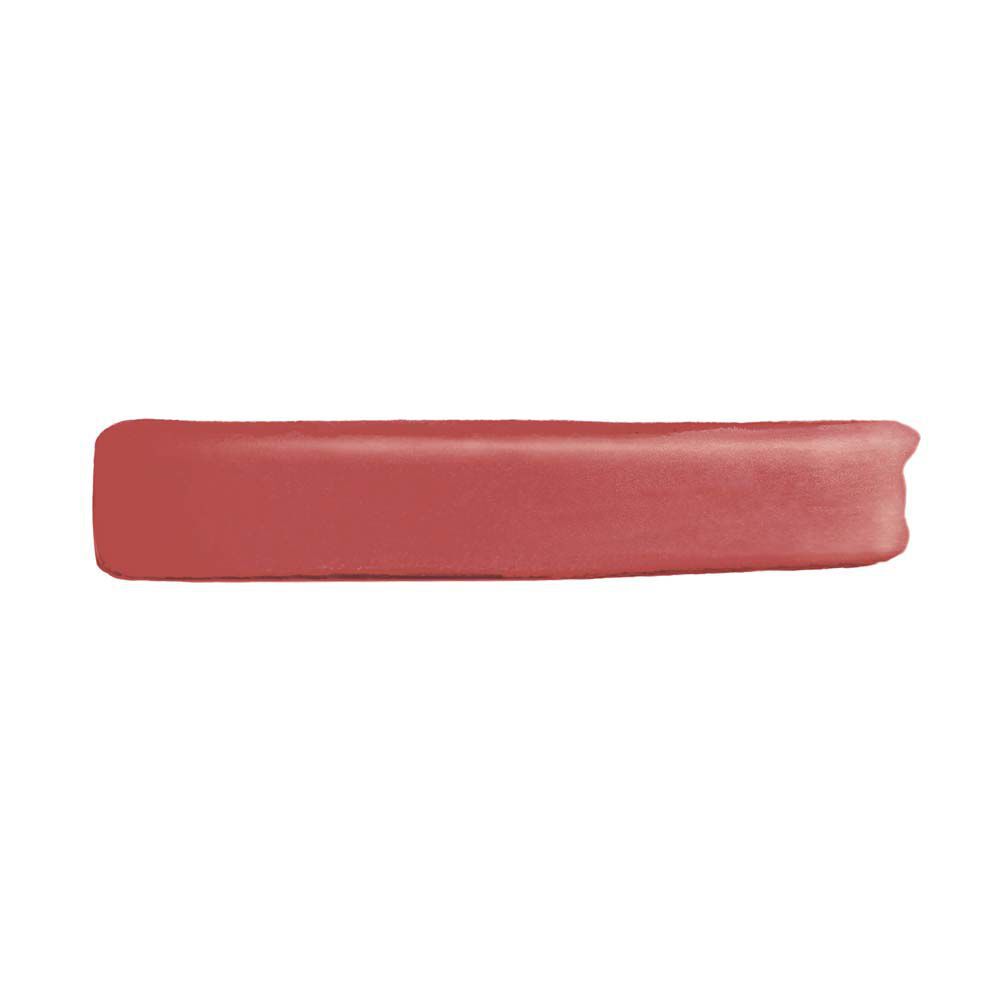 Un trait net, horizontal et rectangulaire de rouge a levres liquide YSL doux-mat, a la texture veloutee, sur un fond blanc immacule.