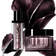 Two purple skincare products with dark flower petals