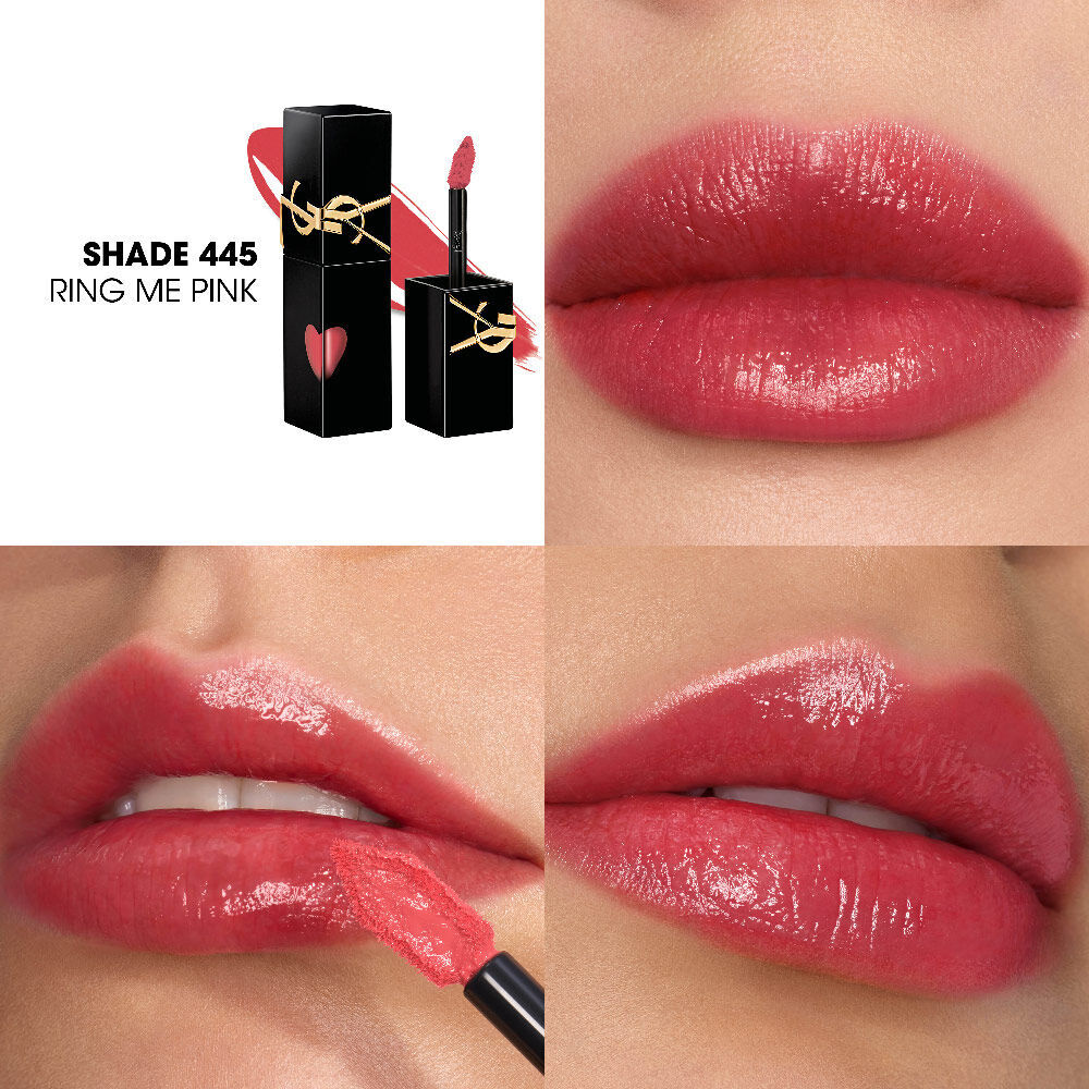 Collage presentant le flacon de teinture a levres YSL et un echantillon de texture (en haut a gauche), aux cotes de trois gros plans de teintes sur des tons de peau differents, dont une en train d'etre appliquee avec le pinceau.