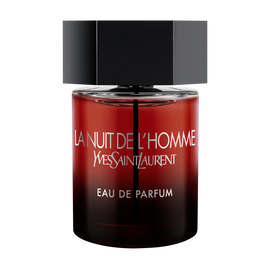 The Bottle front-facing shot of the La Nuit de l’Homme Eau de Parfum bottle, featuring a deep red-to-black gradient glass and a signature matte black hexagonal cap.