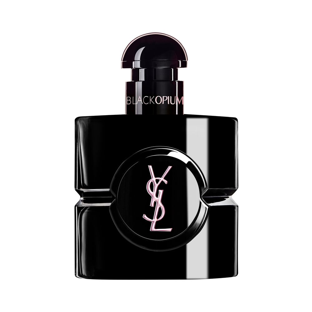 Flacon Black Opium Le Parfum en laque noire brillante, au coeur noir, signe du logo YSL.