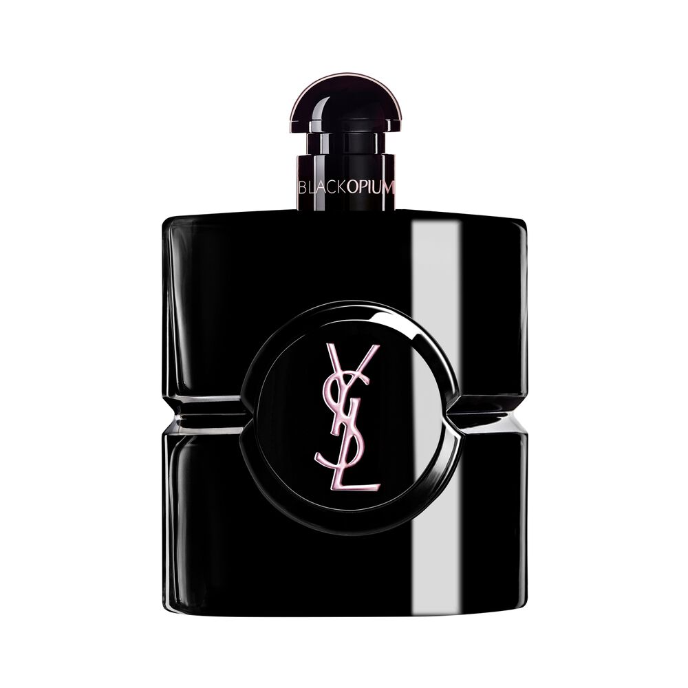 Flacon Black Opium Le Parfum en laque noire brillante, au coeur noir, signe du logo YSL.