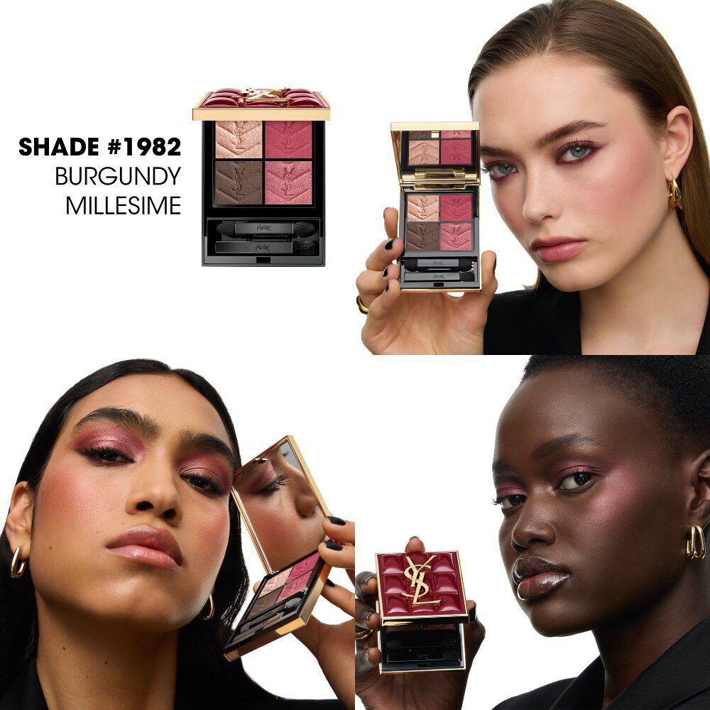 Trois mannequins incarnent la teinte #1982 Burgundy Millesime de la palette collector YSL Couture Mini Clutch.